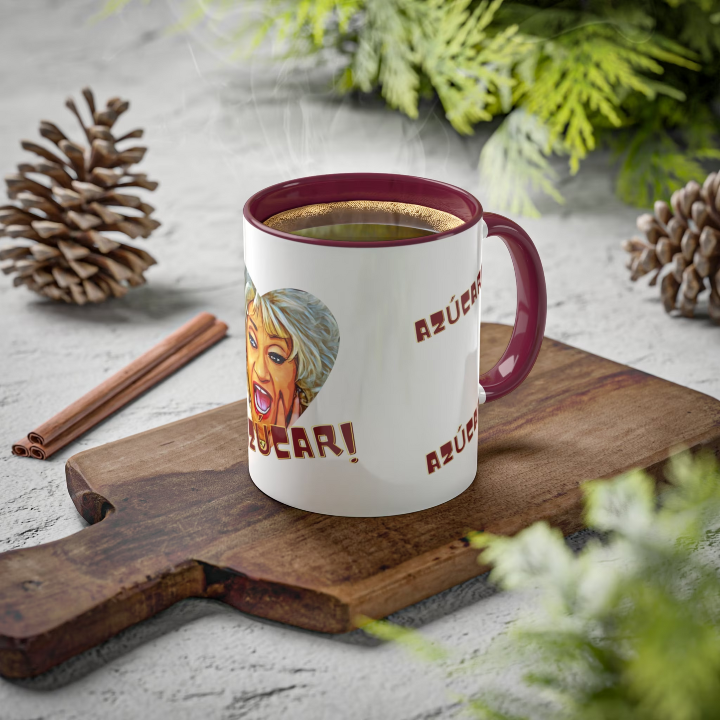 Celia Cruz Design Mug, Celia Cruz Sugar Mug, White and Brown Mug, 11 oz mug, Decorative and Functional Ceramic mug.