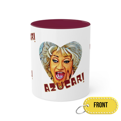 Celia Cruz Design Mug, Celia Cruz Sugar Mug, White and Brown Mug, 11 oz mug, Decorative and Functional Ceramic mug.