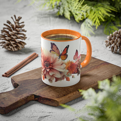 Floral Mug, White and Orange Ceramic Mug, Decorative mug for mom,  Elegant Design 11 oz, Decorative Accent, Mug floral.