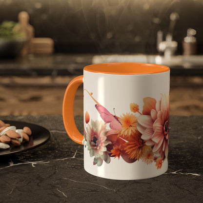 Floral Mug, White and Orange Ceramic Mug, Decorative mug for mom,  Elegant Design 11 oz, Decorative Accent, Mug floral.