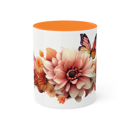 Floral Mug, White and Orange Ceramic Mug, Decorative mug for mom,  Elegant Design 11 oz, Decorative Accent, Mug floral.