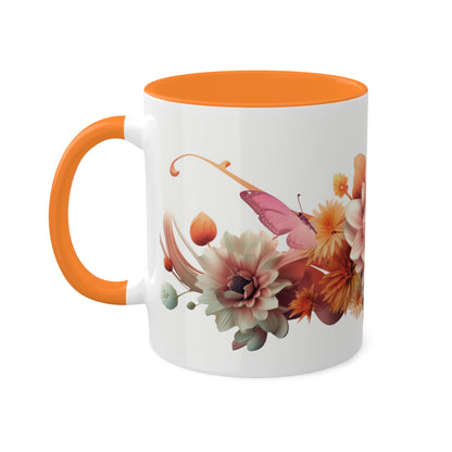 Floral Mug, White and Orange Ceramic Mug, Decorative mug for mom,  Elegant Design 11 oz, Decorative Accent, Mug floral.